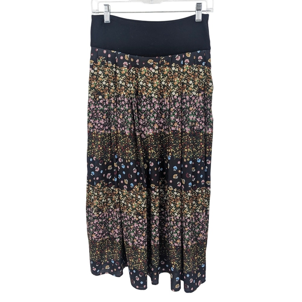 BKUL JNS Floral Maxi Skirt Womens 6 Black Elastic Waist Pleated Boho Cottagecore